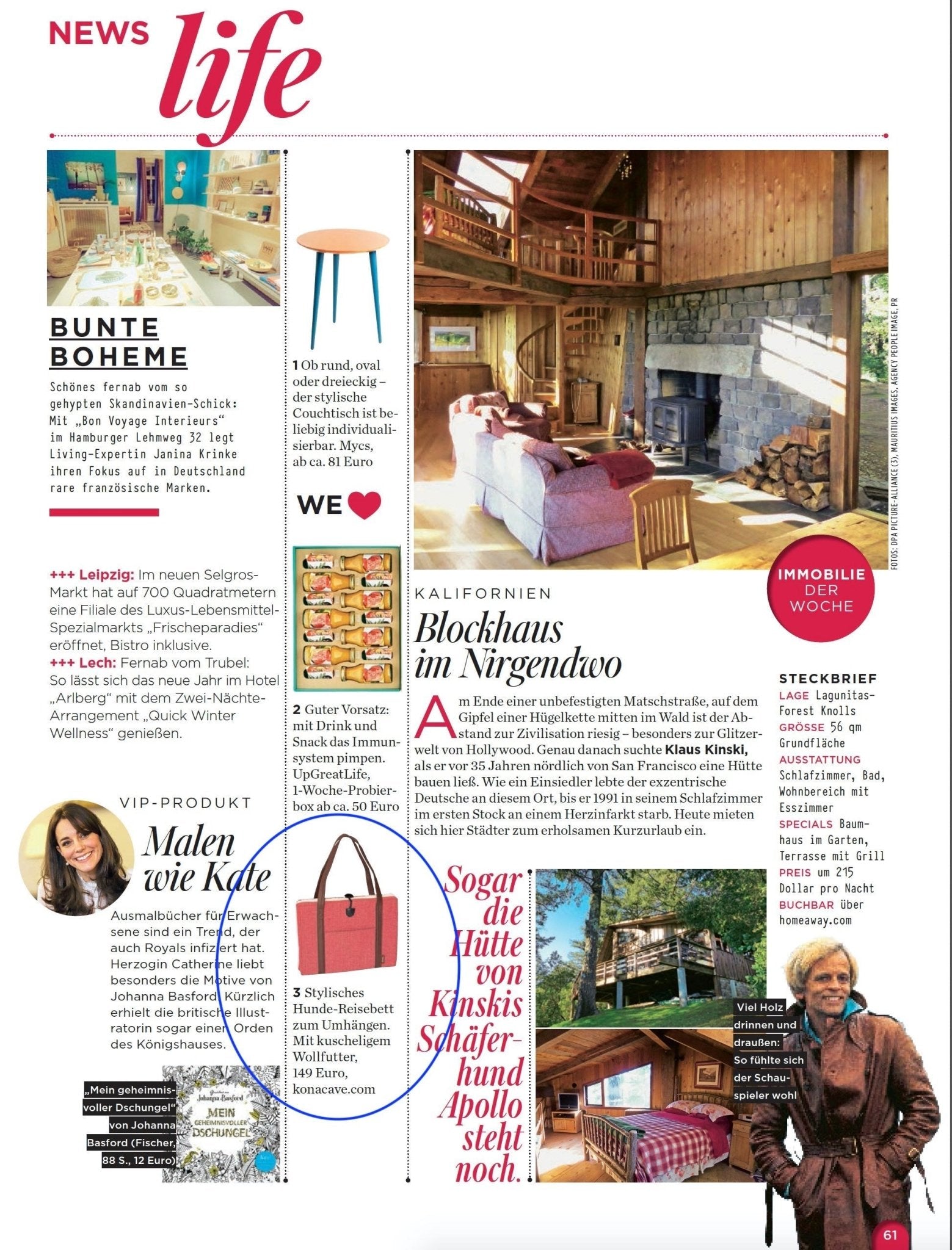KONA CAVE® Designer Travel Dog Bed for Restaurants in Gala Magazine Germany Press