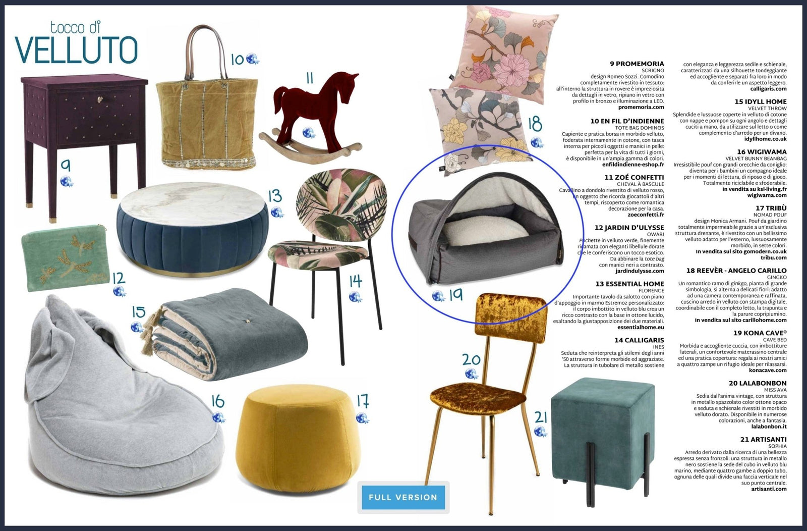 KONA CAVE® luxury cozy cuddle cave dog bed in grey velvet highlighted in Dentro Casa Magazine 