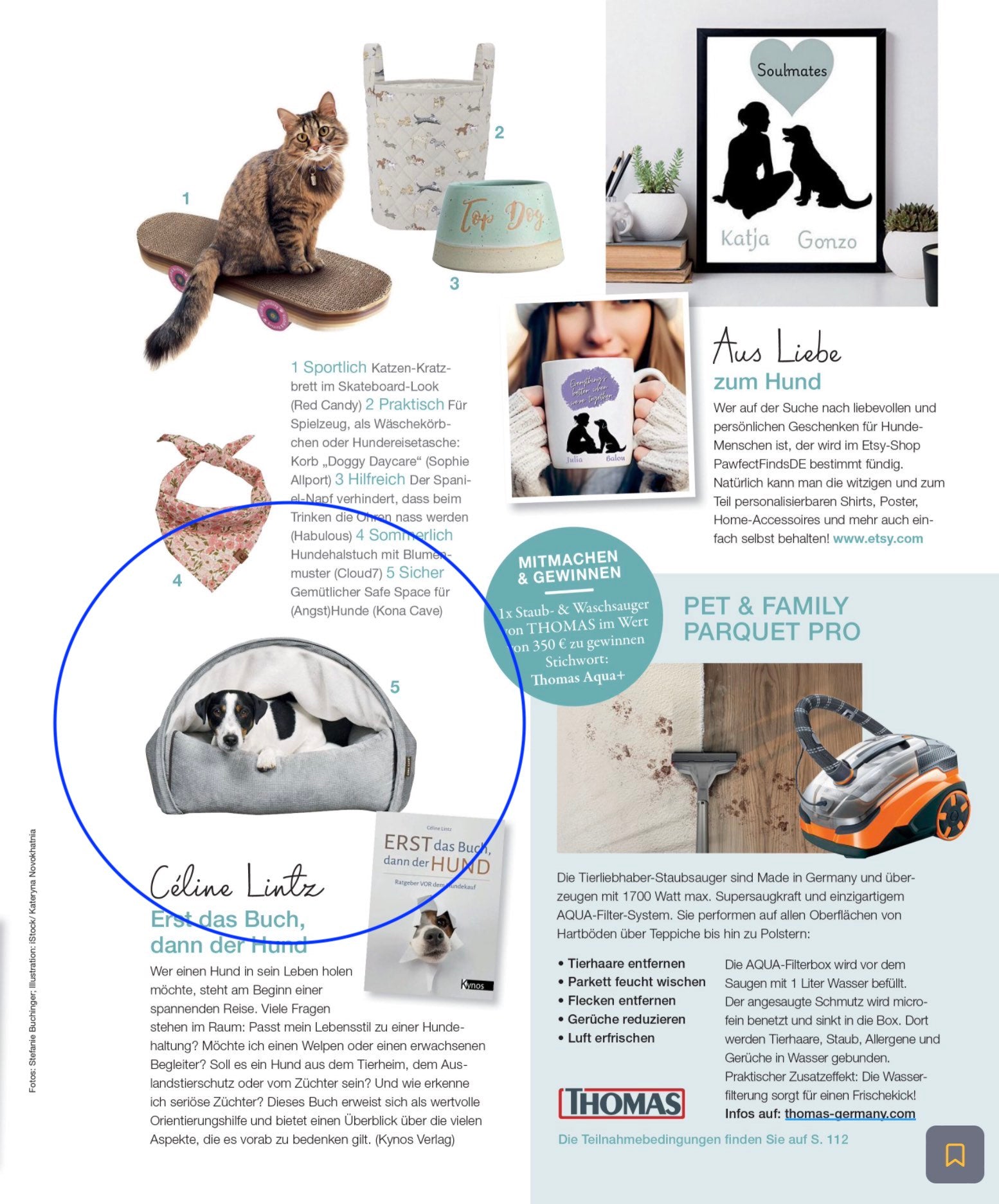 KONA CAVE® luxury cozy cave dog bed in grey corduroy with beautiful Tri-color Jack Russell Terrier in the press.  Mein Schönes Landhaus magazine