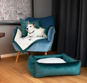 Luxury brand KONA CAVE® - Doggy Decor Set includes 2 decorative velvet Pillow covers and matching luxury lined velvet blanket. Available in 3 sizes.  Green velvet.  Matches green velvet pet bed. Heavy, soft and comforting thick blanket. 