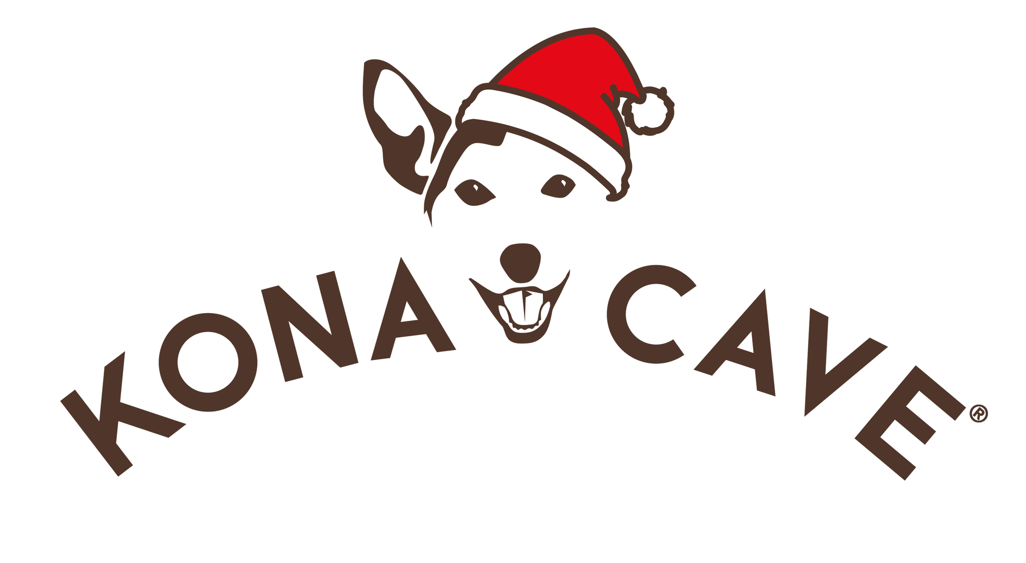 KONA CAVE® luxury dog brand.  Great dog logo. Outline of Jack Russell face of Kona the dog with Santa hat