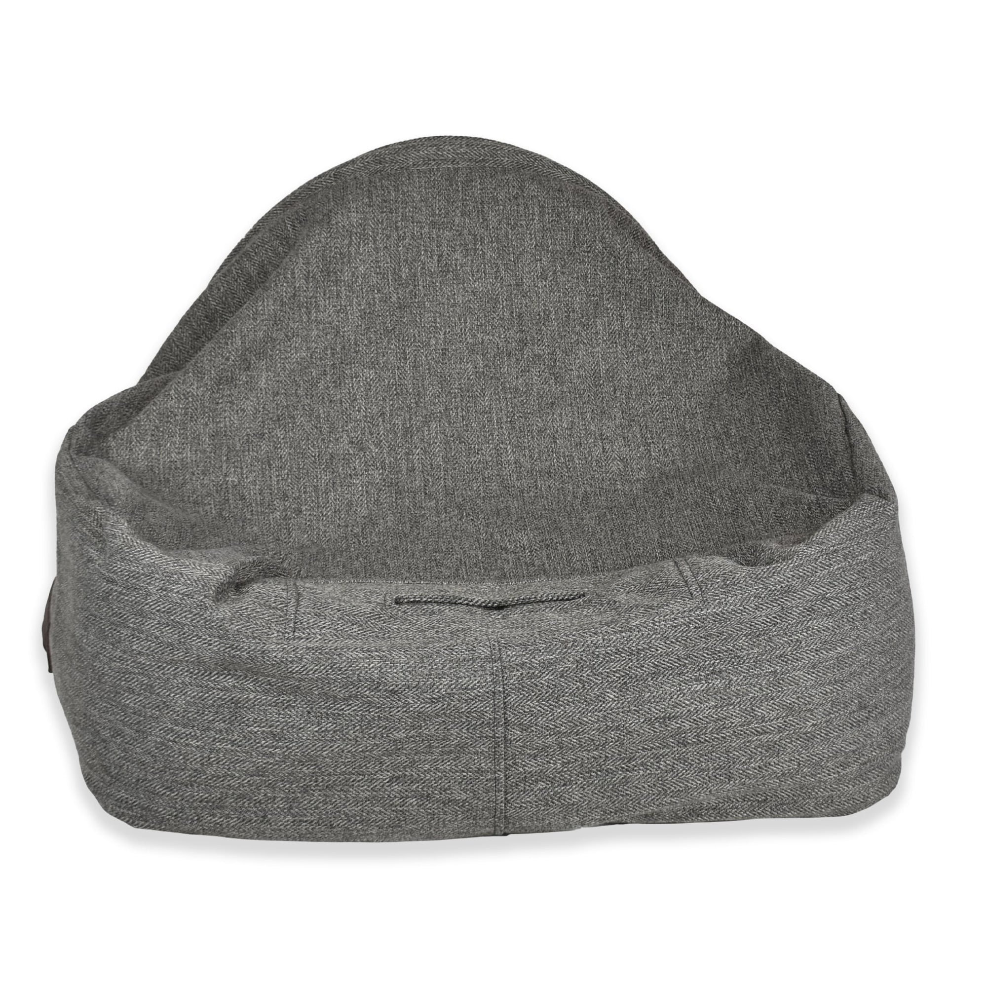 KONA CAVE® luxury cozy dog cave bed for dogs that like to sleep under the blankets. Back of snuggle cave bed shown with air vent so dogs get enough air. Grey Herringbone 