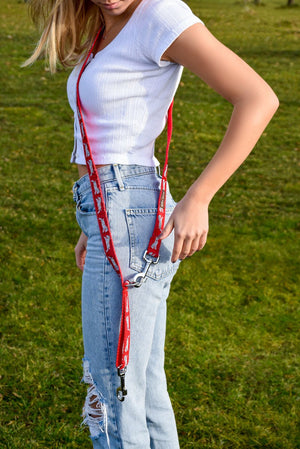 KONA CAVE® Urban Zebra on red nylon leash with Sliding Hook Cross Body. Easy to carry when your dog is off leash or on. 