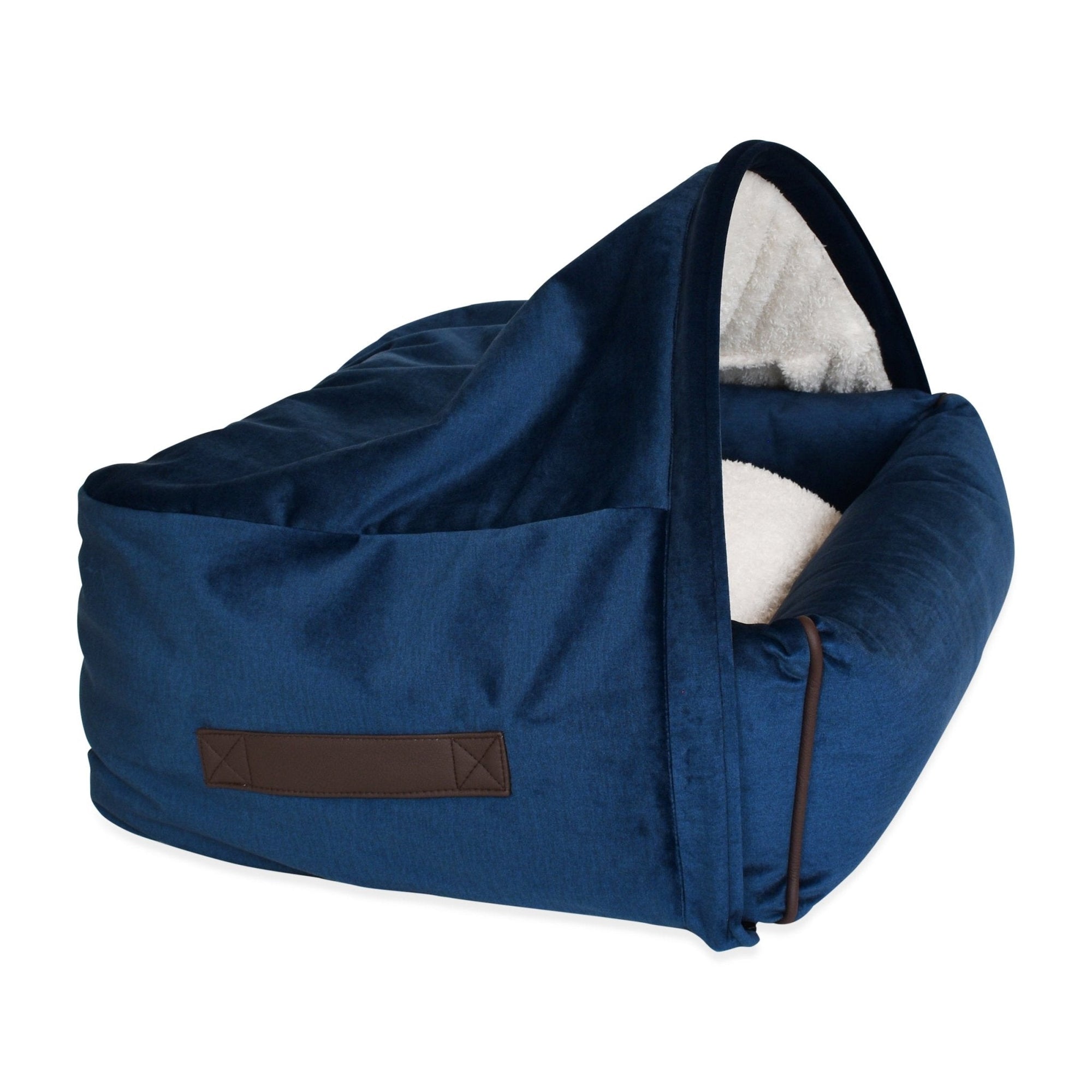 KONA CAVE® luxury cozy dog cave bed in blue velvet. Patented design has sturdy rectangular base and arched canopy cover. 