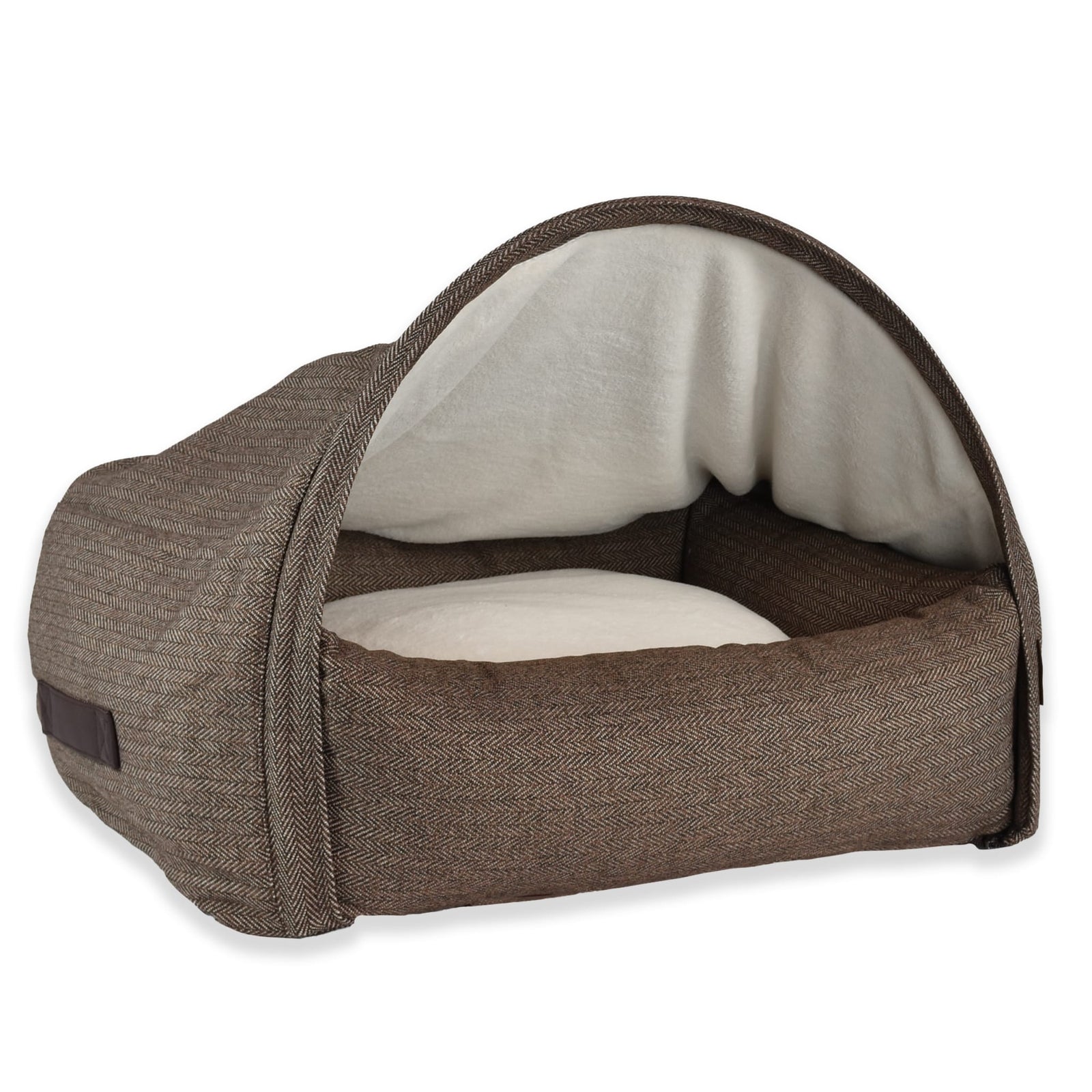 KONA CAVE® Luxury snuggle cozy cave dog and cat bed in brown herringbone with soft fleece lined burrow bed