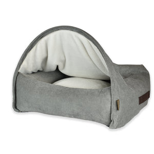 KONA CAVE® Luxury snuggle cozy cave dog and cat bed in grey corduroy with soft fleece lined burrow den