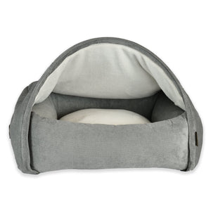 KONA CAVE® Luxury snuggle cozy cave dog and cat bed in grey corduroy with soft fleece lined burrow den canopy blanket