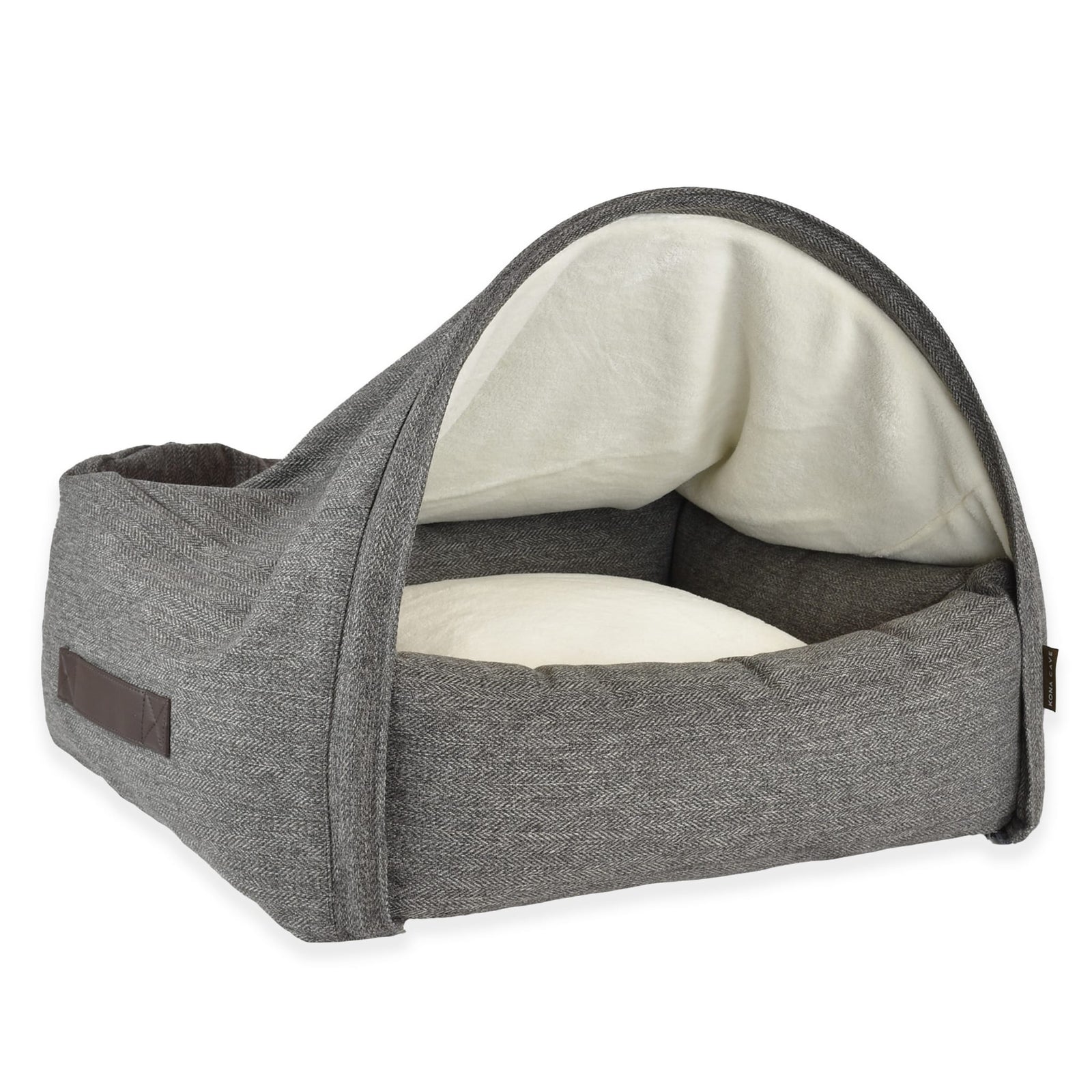 KONA CAVE® Luxury snuggle cozy cave dog and cat bed in grey  herringbone with soft canopy top