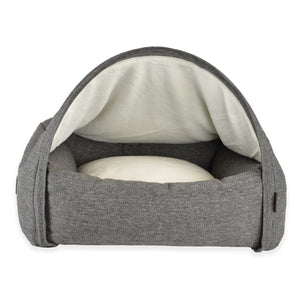 KONA CAVE® Luxury snuggle cozy cave dog and cat bed in grey herringbone with soft fleece lined burrow den