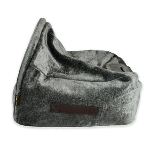 KONA CAVE® Luxury snuggle cozy cave dog and cat bed in grey velvet with vegan leather side handles to carry
