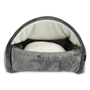 KONA CAVE® Luxury snuggle cozy cave dog and cat bed in grey velvet with soft fleece lined burrow den