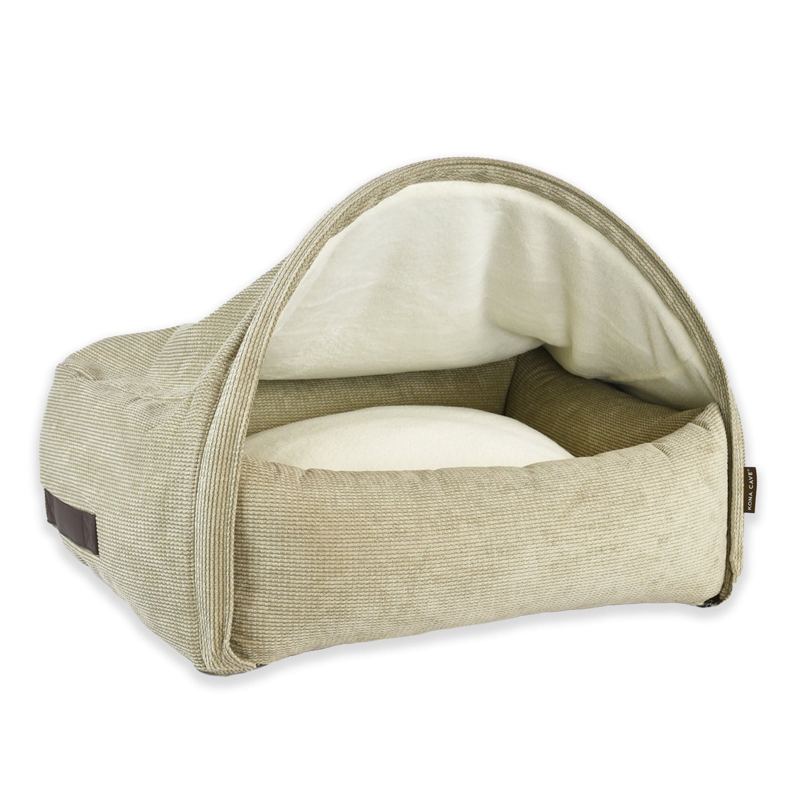 KONA CAVE® Luxury snuggle cave dog and cat bed in light brown corduroy with cozy fleece lined burrow den
