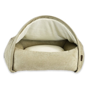 KONA CAVE® Luxury snuggle cozy cave dog and cat bed in light brown corduroy with soft fleece lined burrow den canopy