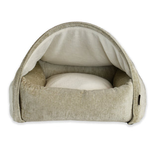KONA CAVE® Luxury snuggle cozy cave dog and cat bed in light brown velvet with soft fleece lined cozy burrow bed 