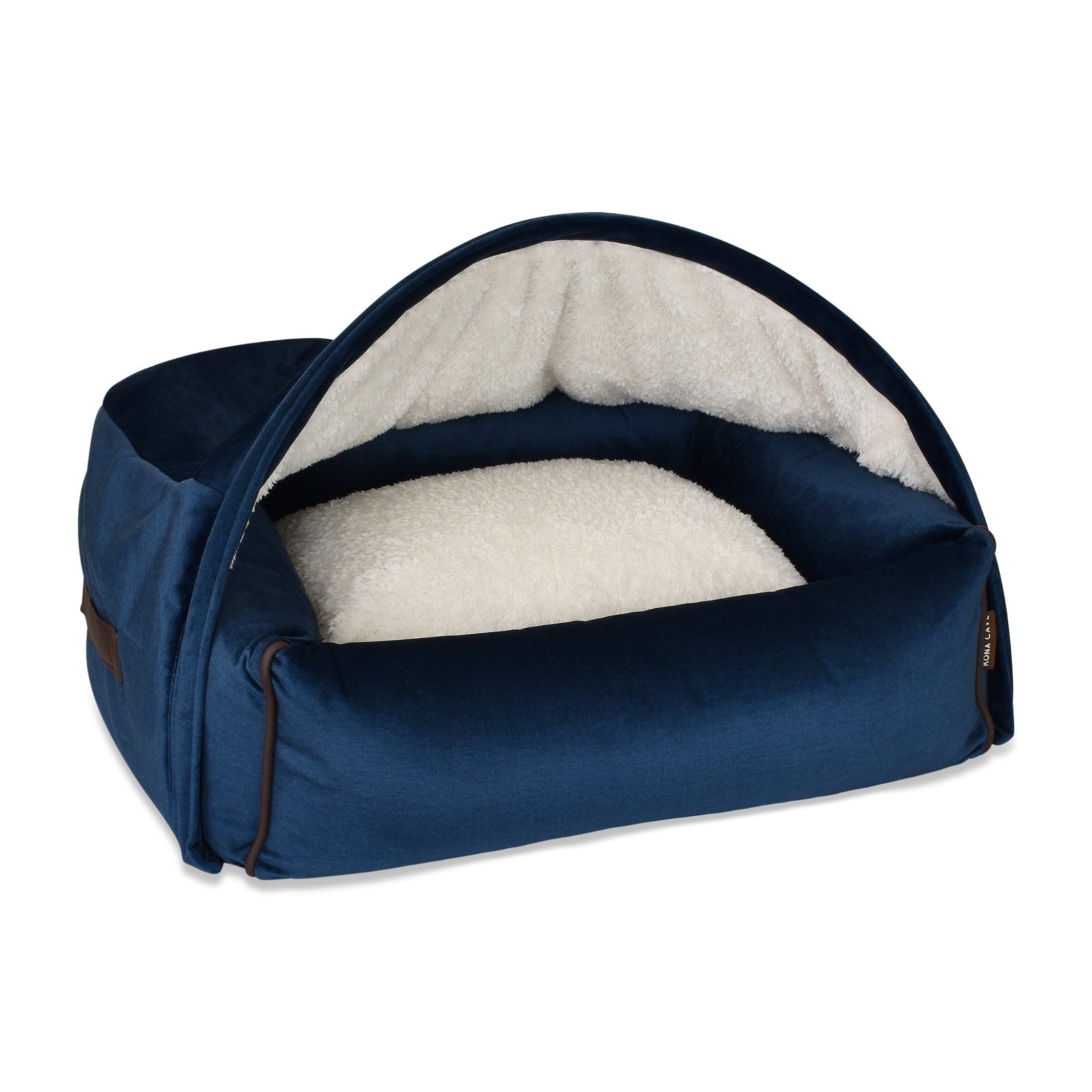 KONA CAVE® Luxury cozy cave den bed for burrowing dogs in blue velvet with fluffy fleece lining.  