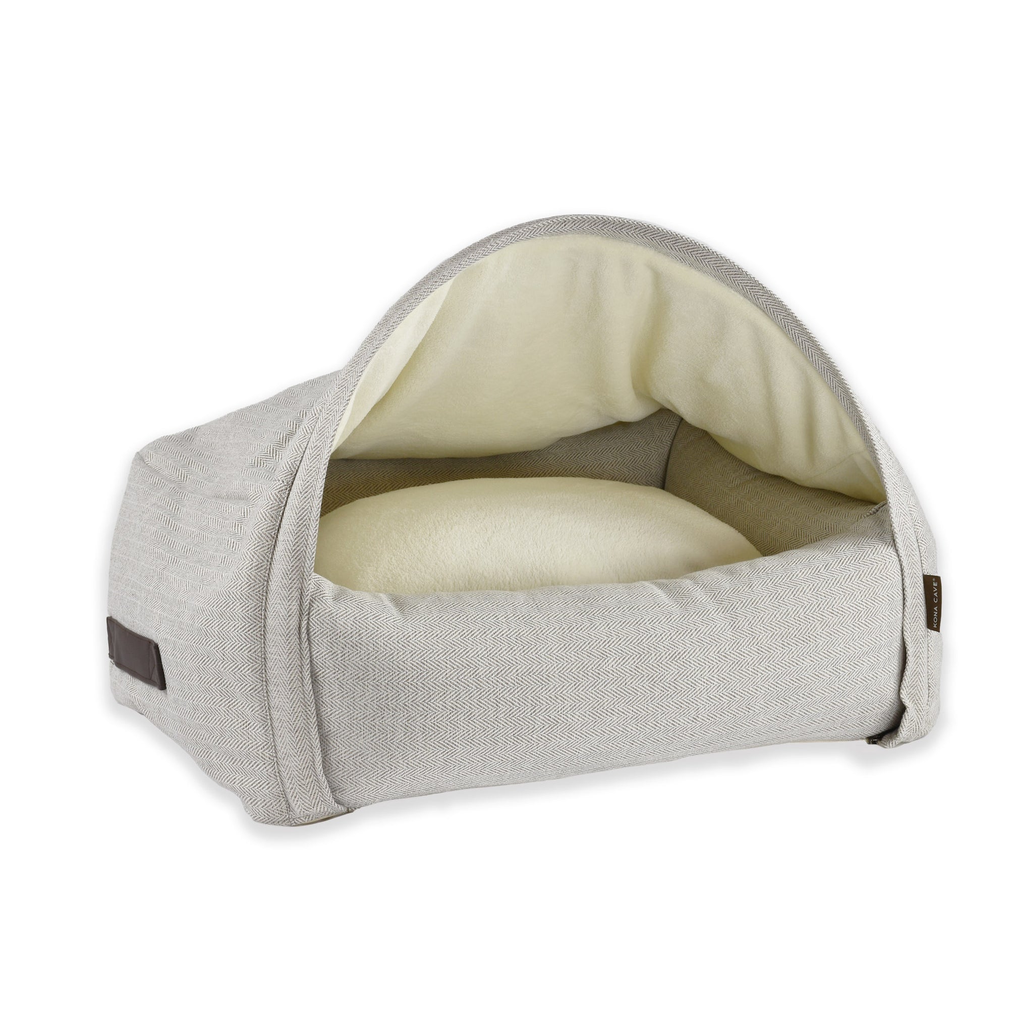 KONA CAVE® luxury dog cuddle cave bed in cream herringbone. Front canopy stays open and back of cover snuggles pets