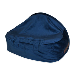 KONA CAVE® luxury cozy dog cave bed in blue velvet with patented back air opening for pet's safety. 