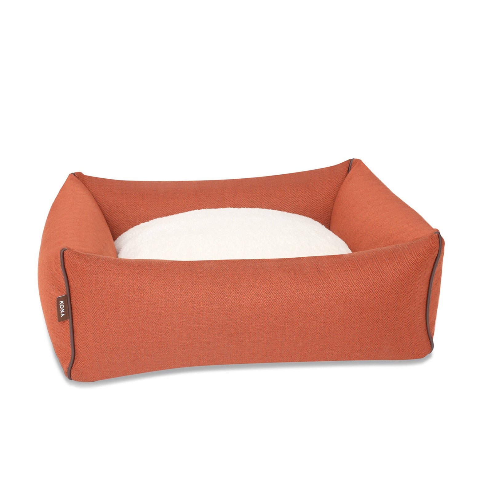 KONA CAVE® designer dog bed in elegant Hermes orange herringbone fabric with vegan-leather trim and soft fleece lined cushion