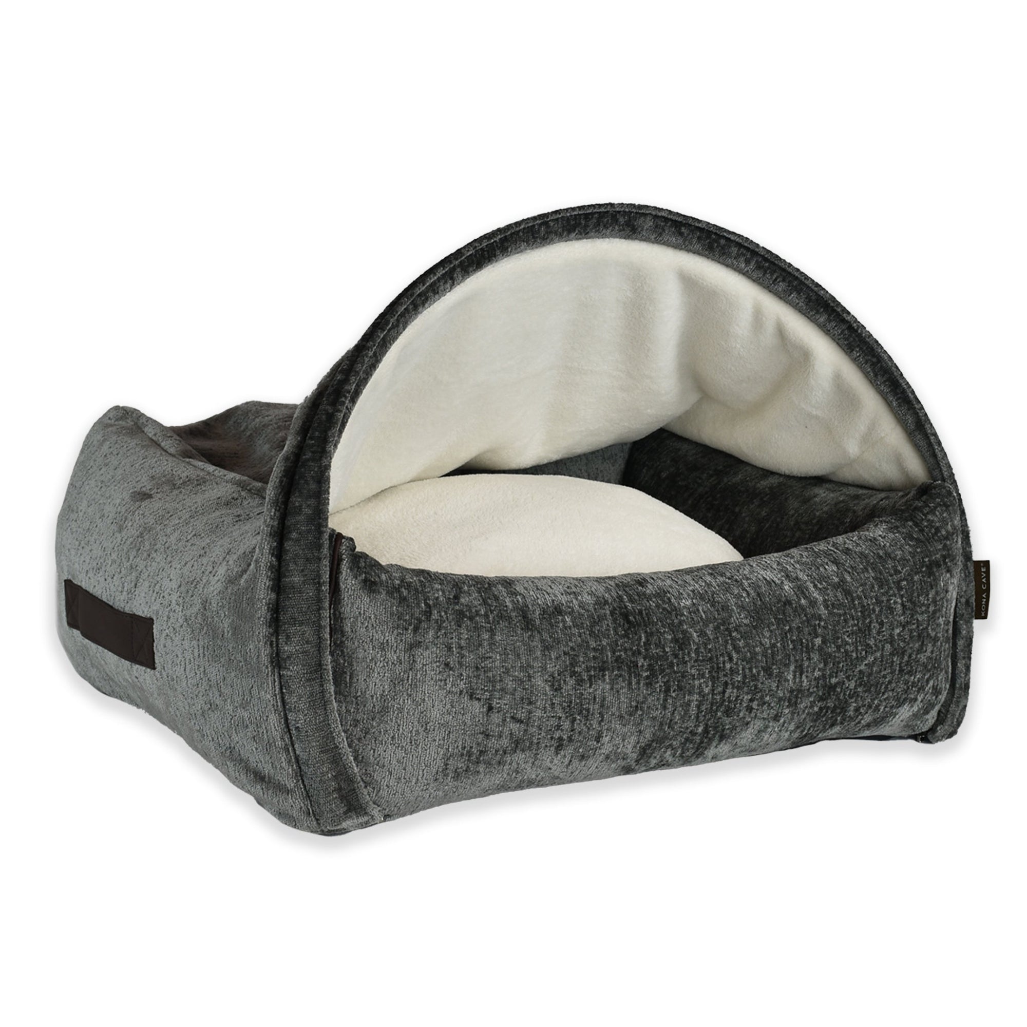 KONA CAVE®  luxury snuggle cuddle dog cave bed. Big dogs. Grey Velvet.  Safest. Superior Patented design.