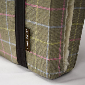 KONA CAVE® Folded Travel Dog Bed for restaurants, cars, pubs and hotels. Reinforced vegan leather straps and stylish pink plaid fabric.