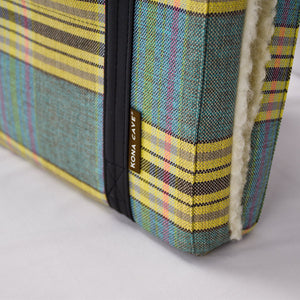 Luxury KONA CAVE® Folded Travel Dog Bed for restaurants, cars, pubs and hotels. Designer foldable portable pastel Esprit plaid fabric.