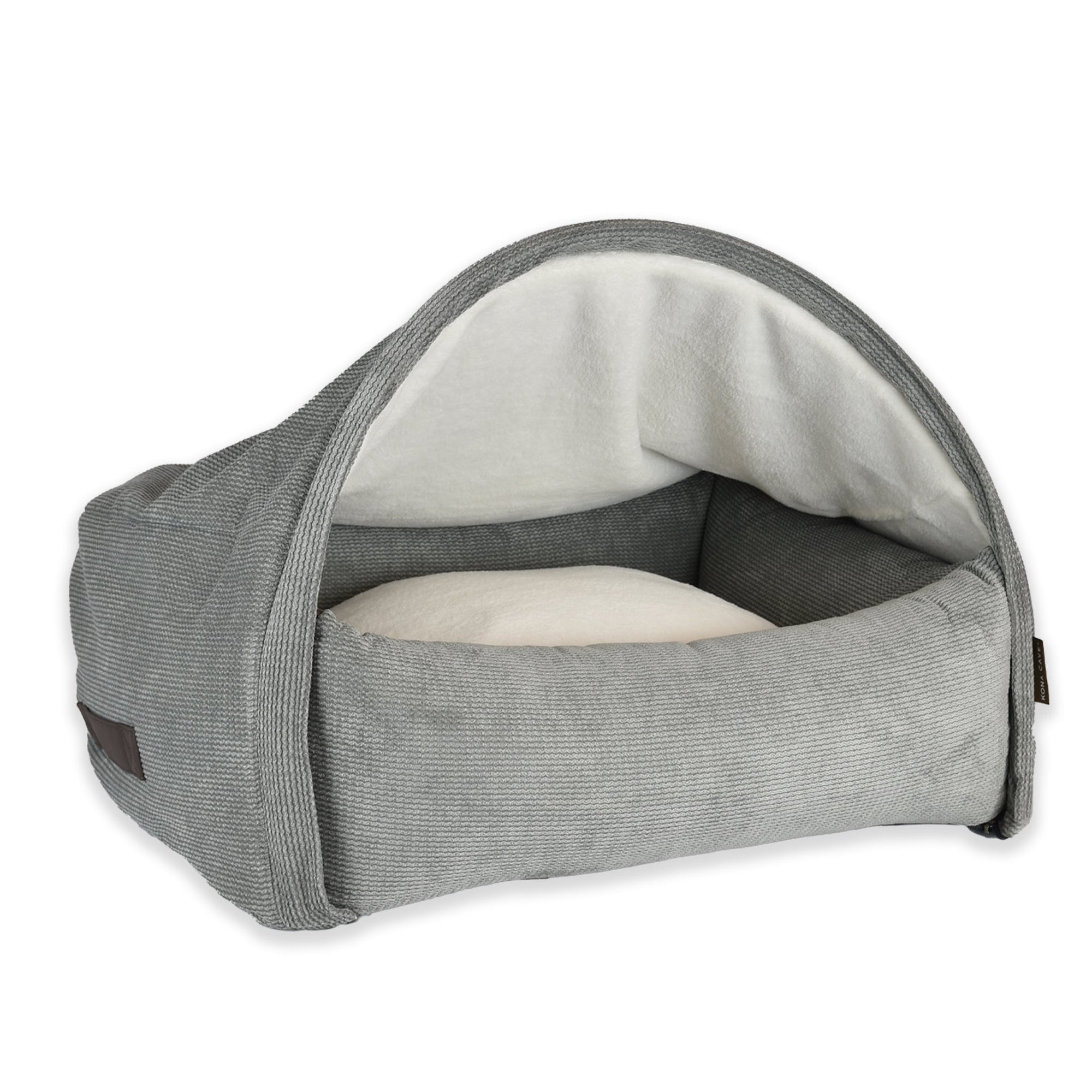 KONA CAVE®  luxury brand snuggle canopy cave cuddle bed. Grey corduroy burrow bed for dogs and cats with removable canopy cave cover. washable. Superior Patented design. 