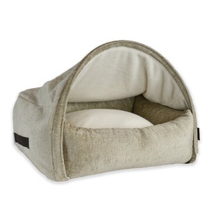 KONA CAVE®  luxury snuggle burrow cozy cave cuddle bed. Beige Velvet domed dog and cat bed.  Removable canopy cave cover. Washable. Superior Patented design. Safer than other dog caves. Great for small to big dogs.