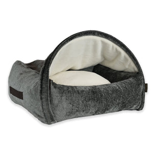 KONA CAVE®  luxury snuggle burrow cozy cave cuddle bed. Grey Velvet domed dog and cat bed.  Removable canopy cave cover. Washable. Superior Patented design. 