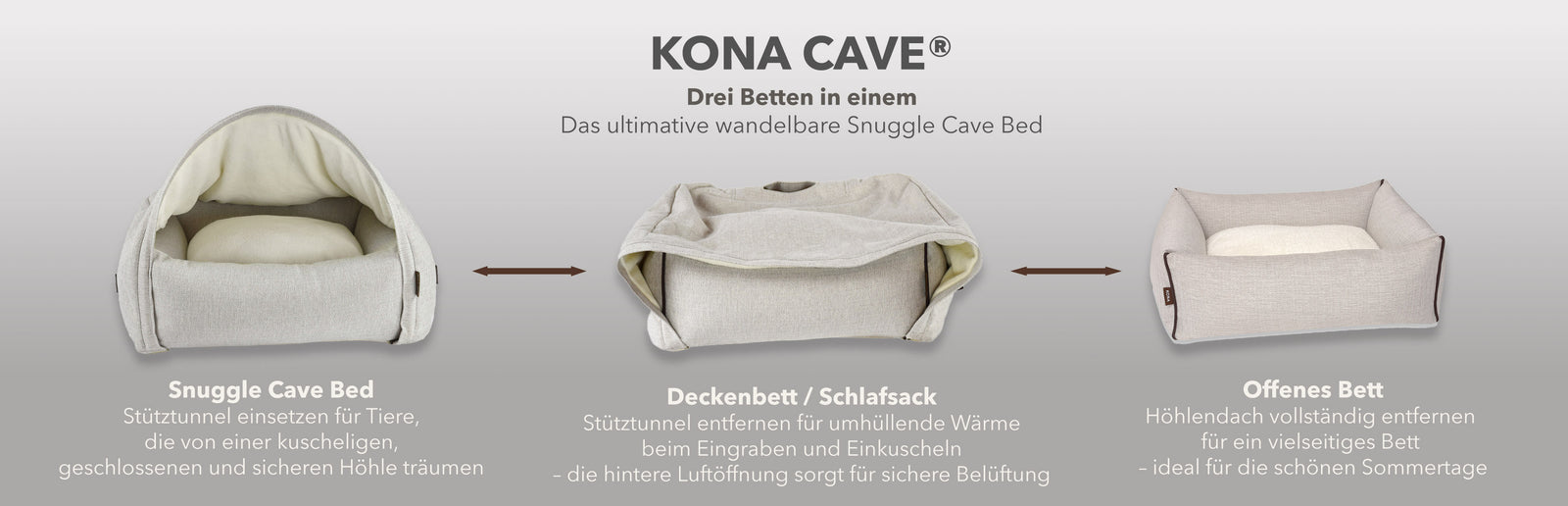 KONA CAVE® 3-in-1 verwandelbare Luxus-Hundehöhle, gezeigt im Höhlen-, Decken- und offenen Polsterbett-Modus — lässt Haustiere ihren Schlafstil wählen. 