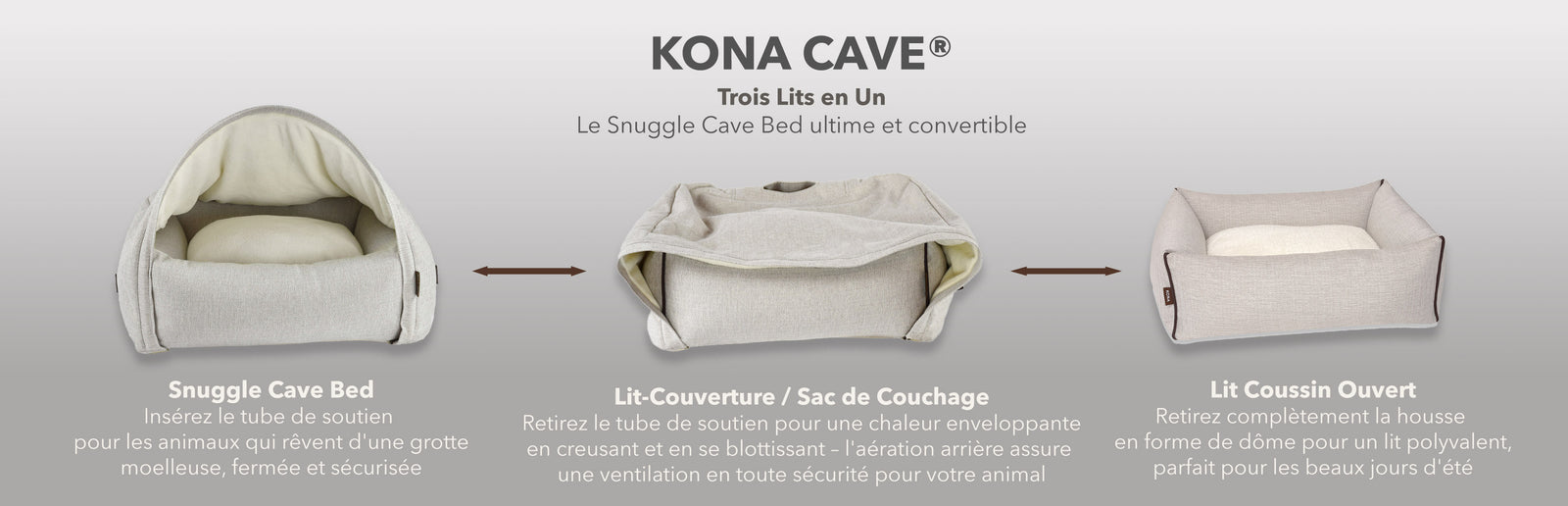 KONA CAVE® 3-en-1 lit grotte de luxe convertible pour chien, montré en mode grotte, couverture et coussin ouvert — laisse chaque animal choisir son style de sommeil
