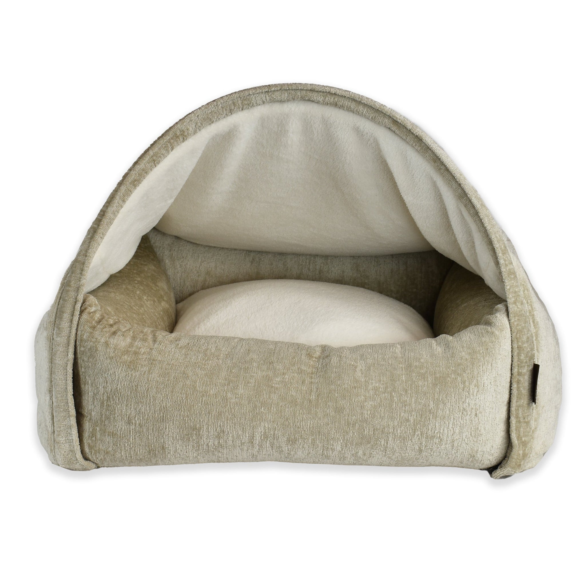 KONA CAVE® Luxus-Kuschelhöhle Kuschelbett. Beigefarbenes Samt-Kuppelbett für Hunde und Katzen.  Abnehmbarer Bezug für die Höhle. Überlegenes, patentiertes Design. Sicherer als andere Hundehöhlen. 