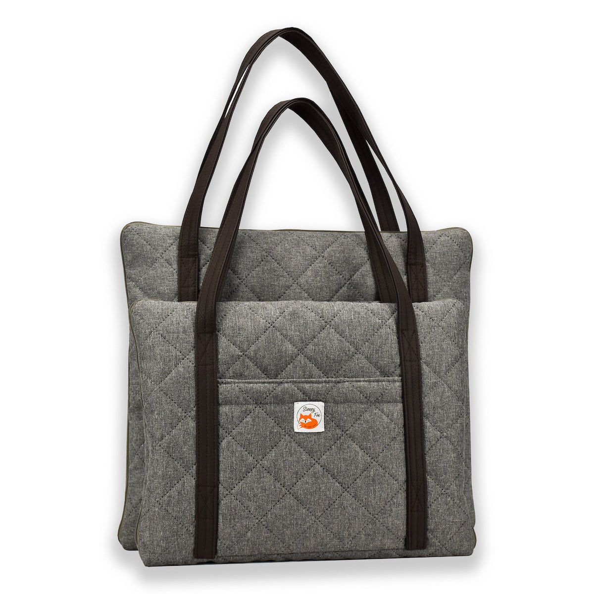 Travel dog bed. Portable dog bed. Folded, zips closed. Carried by long shoulder straps, handles. Ideal for restaurants. Grey. 2 sizes. 