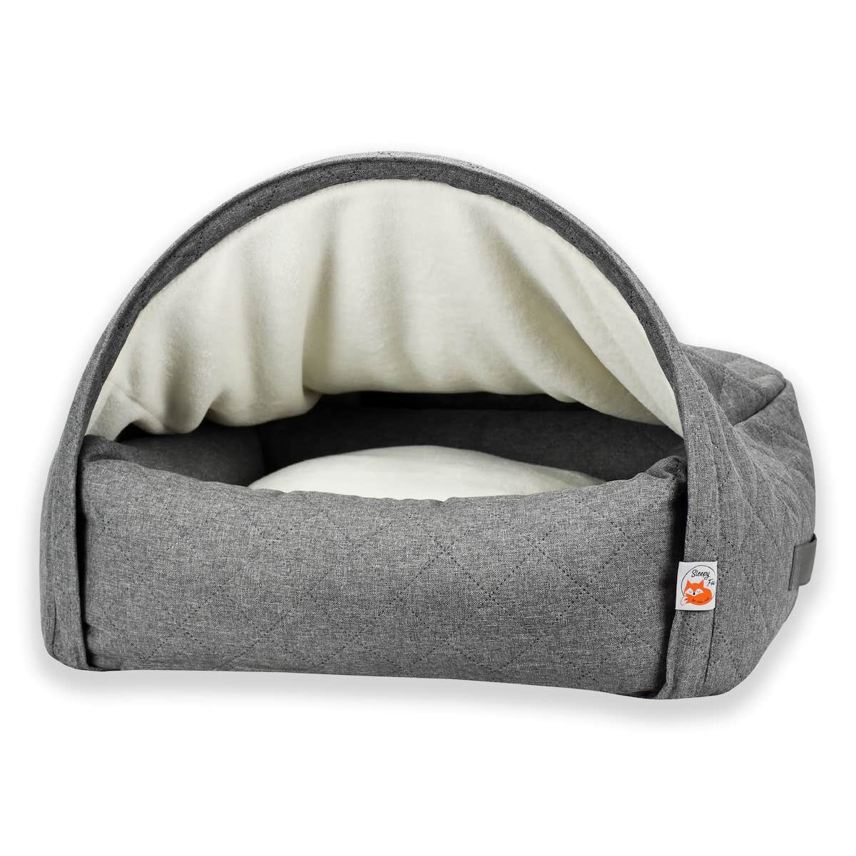 Sleepy Fox® snuggle cave dog / cat bed lined in grey OEKO TEX fabric with fluffy fleece lining. Patented design of study base and arched anti-anxiety cover. 