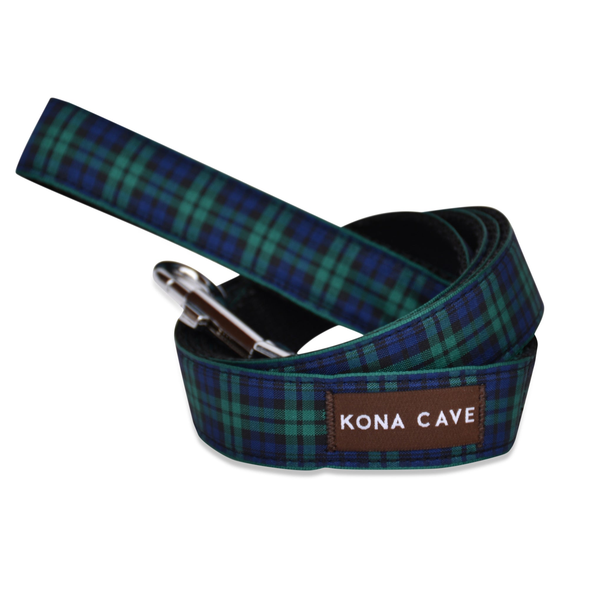 KONA CAVE® Adjustable dog leash. Authentic Blackwatch tartan ribbon in green and bblue on blue nylon leash.  Extra Clip and D-rings to shorten leash or attach poop bags, etc. Light weight and comfortable.