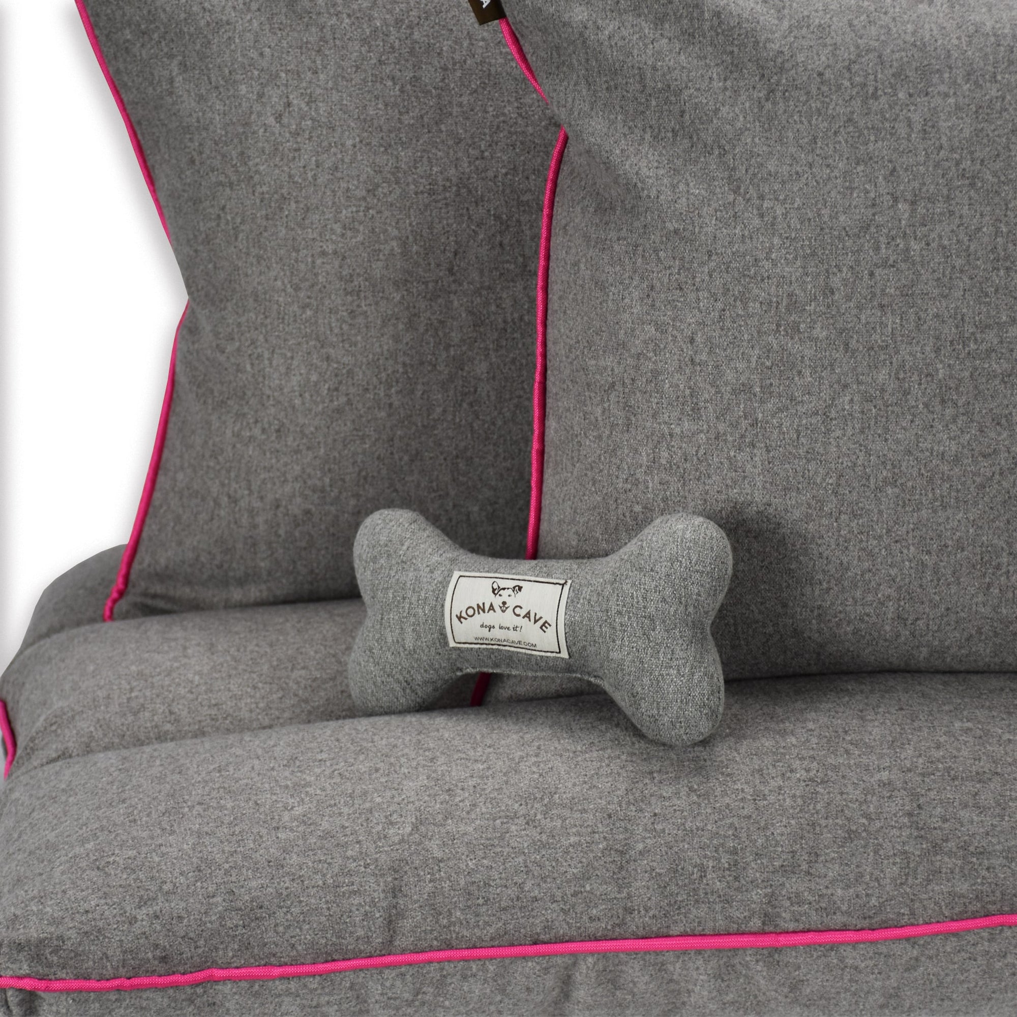 KONA CAVE® Cloud Bed Decor Gift Set.  Grey Flannel dog bed cushion with hot pink trim.  Set in clouds 2 matching pillow covers with hot pink trim and grey flannel toy dog bone.