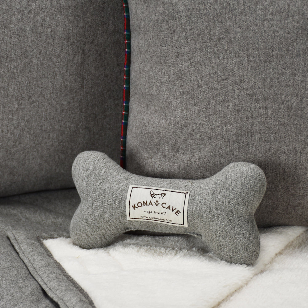 KONA CAVE® Doggy Décor Sets – Luxury home accessories for dogs and cats. Grey flannel blanket, pillow covers with red royal Stewart tartan and plush doggy toy bone in grey flannel