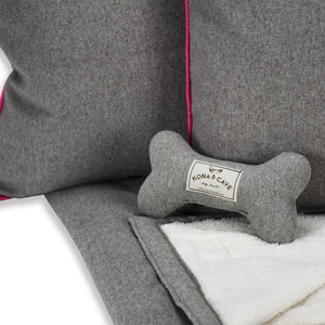 KONA CAVE® Luxury Doggy Décor Set – Pet Interiors.  Set includes grey flannel blanket, 2 grey flannel pillow covers with hot pink trim.  Luxury grey flannel plush toy dog bone.
