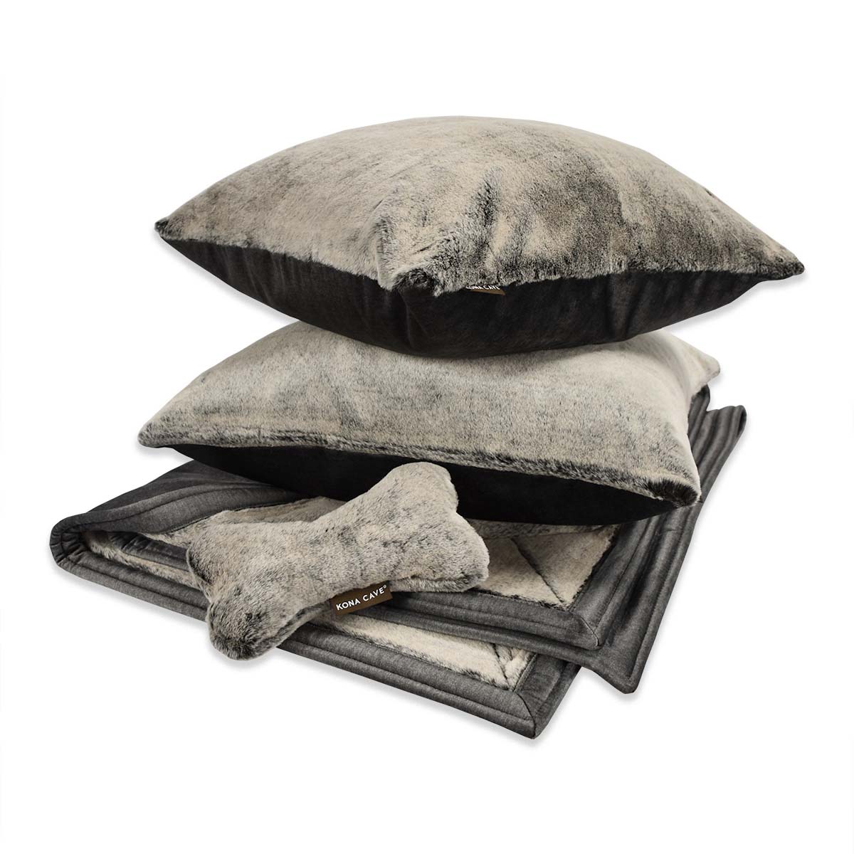 KONA CAVE® luxury faux fur and velvet dog gift set. Human quality faux fur. Set includes thick blanket, pillow covers and luxury faux fur dog toy.  Luxury dog present. 