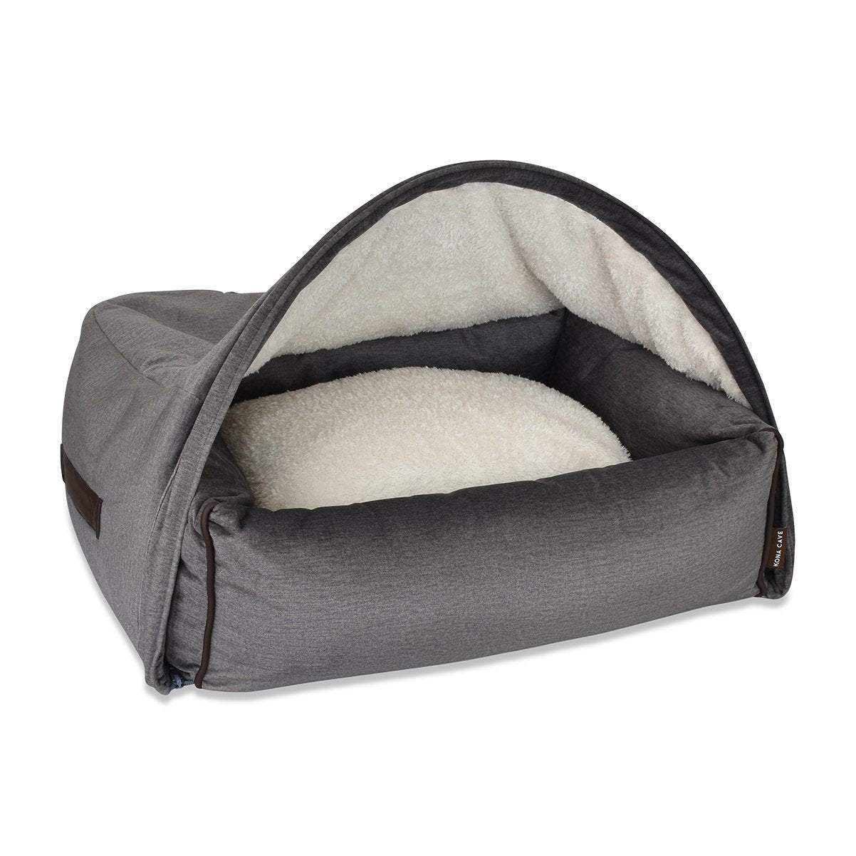 KONA CAVE® Luxury snuggle cave bed for burrowing dogs and cats in washable grey velvet with fluffy fleece lining. Beautiful and high-quality luxury cozy clam cave bed. 