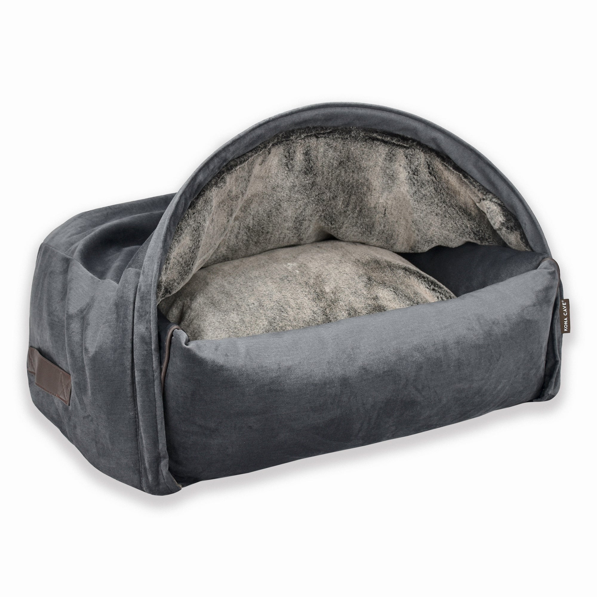 KONA CAVE® ultimate luxury pet bed -  cozy snuggle cave bed in velvet lined in super soft  human-grade faux fur. Great for spoiled dogs and cats. Anti-anxiety pet bed.