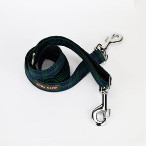 KONA CAVE® Ribbon collar and leash in Blackwatch with 2 clips and D rings.  Adjustable dog leash lead. 