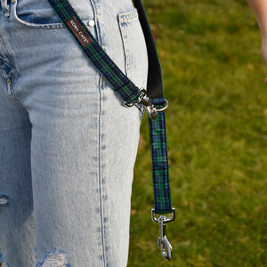 KONA CAVE® Blackwatch Tartan Leash with Sliding Hook Worn Cross Body. Adjustable nylon dog leash with  authentic Blackwatch tartan ribbon. 
