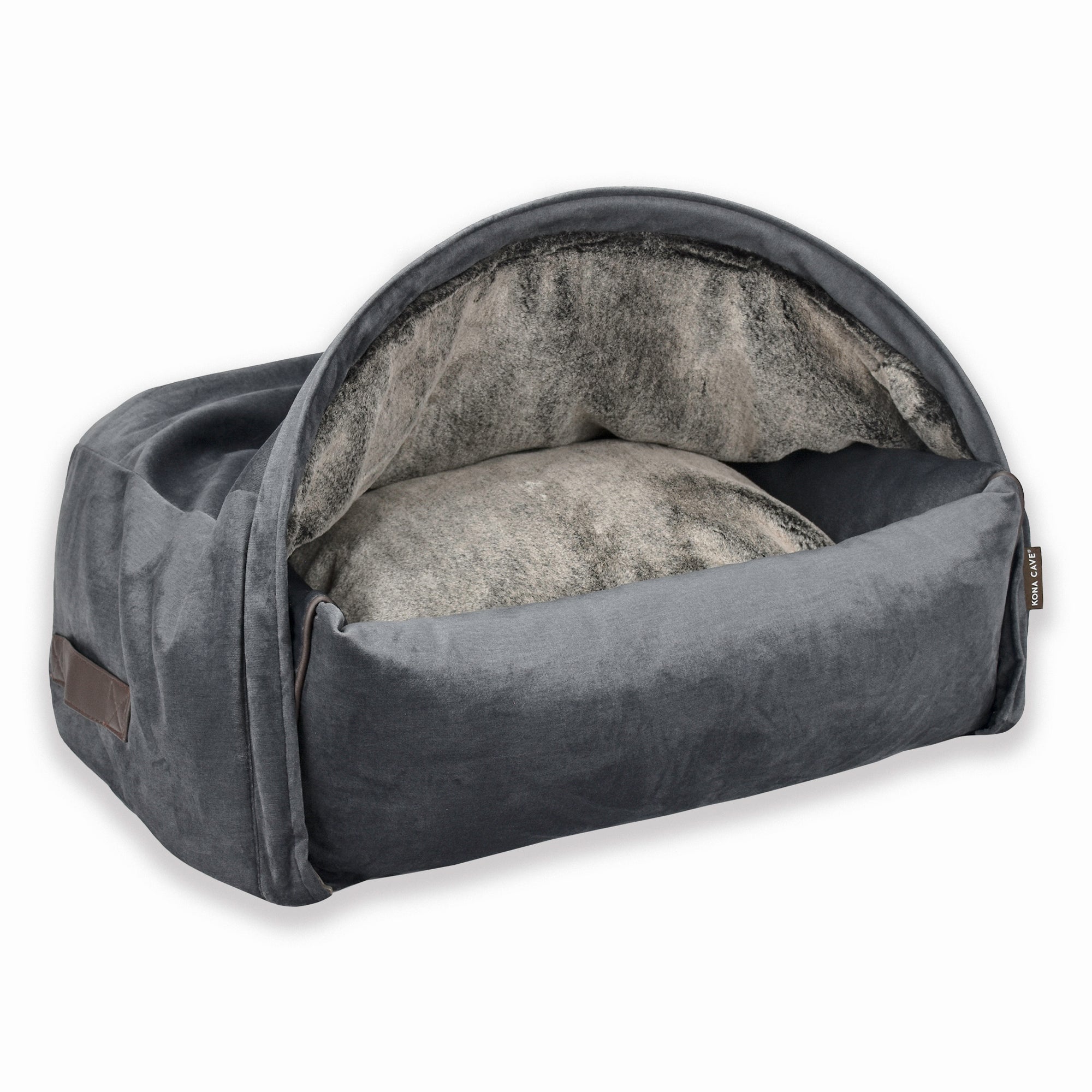 Medium Snuggle Cave Dog Bed - Faux Fur with Graphite Grey Velvet