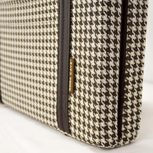 Close up of Brown and White Houndstooth Travel Dog Bed by KONA CAVE® - semi-stain resistant fabrics and machine washable