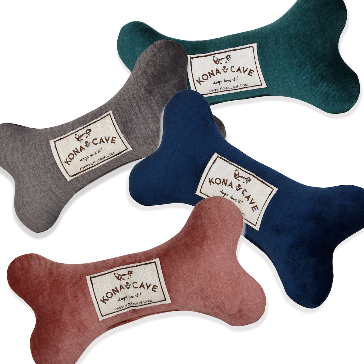 KONA CAVE® luxury toy bones in bright velvet colors. Blue, green, grey and pink velvet dog toys.