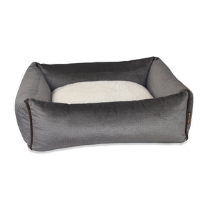 KONA CAVE® luxury dog and cat bed. Rectangular bolster bed with super soft sides. Supportive and will keep its shape. Washable grey velvet. S, M, L, XL.