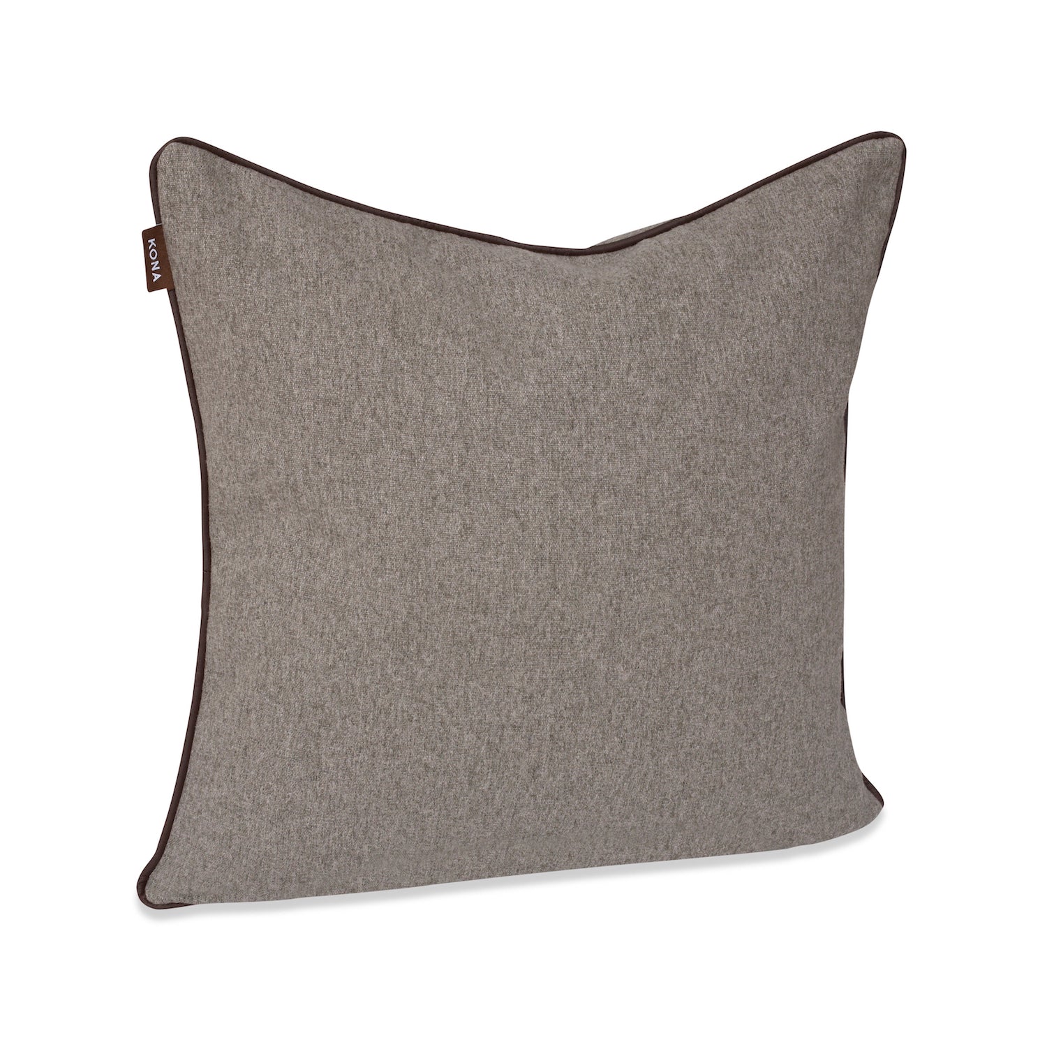 KONA CAVE® Grey flannel pillow cover with brown vegan-leather trim. Luxury flannel pillow cover. 