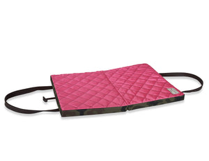 KONA CAVE® Luxury Travel Dog Bed for restaurants. Thick, folded, portable dog mat with vegan leather shoulder straps. Camouflage nylon with pink nylon lining. 