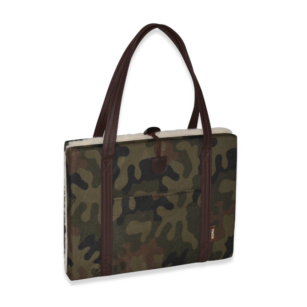 KONA CAVE® Luxury Travel Dog Bed for restaurants. Thick, folded, portable dog mat with vegan leather shoulder straps. Camouflage nylon with fluffy wool lining. 