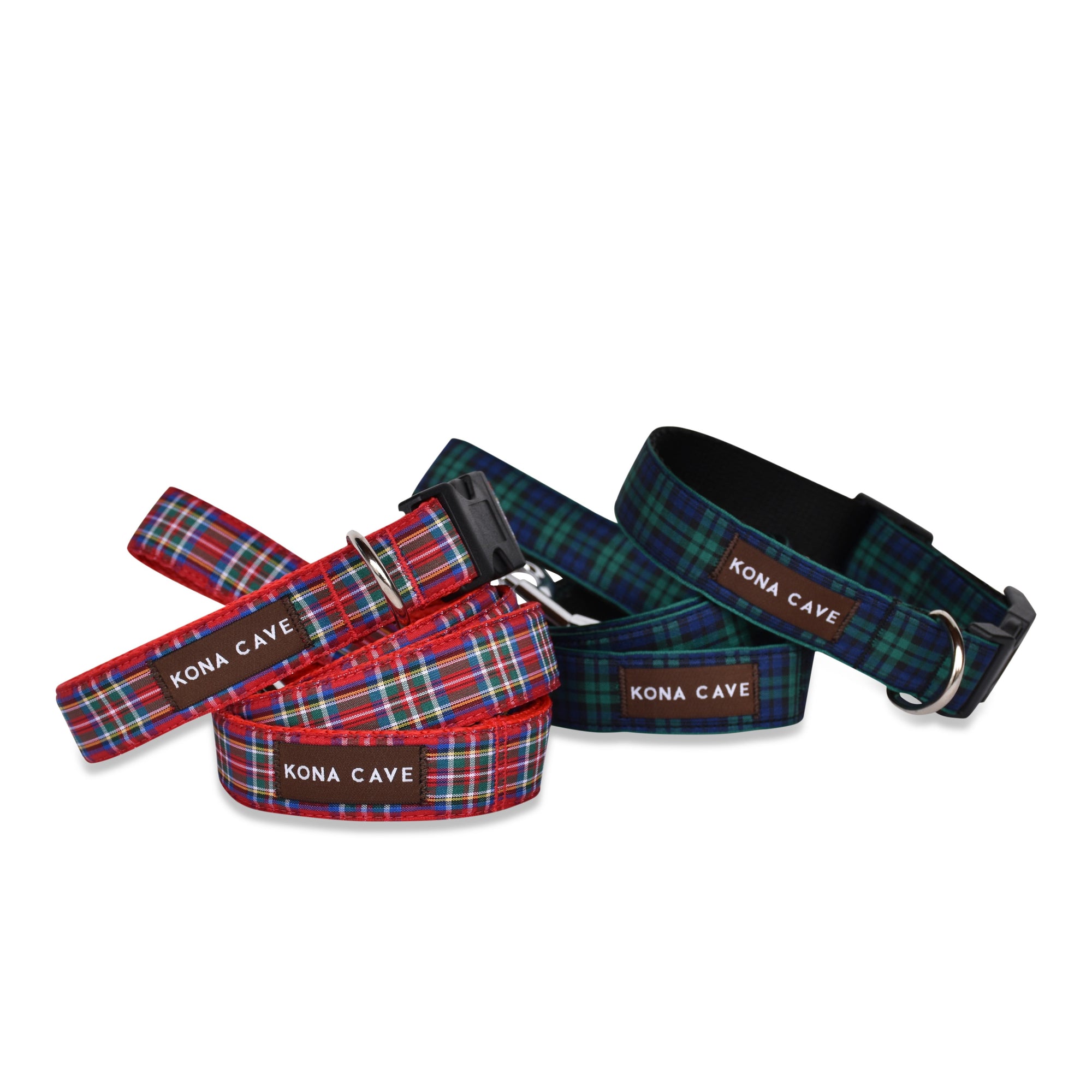 KONA CAVE® Adjustable dog leash. Authentic Blackwatch and Royal Stewart tartan ribbon on nylon leash.  Extra Clip and D-rings to shorten leash or attach poop bags, etc. Light weight and comfortable.